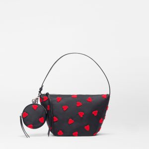 Black with Red Heart Flock Small Waverly Hobo
